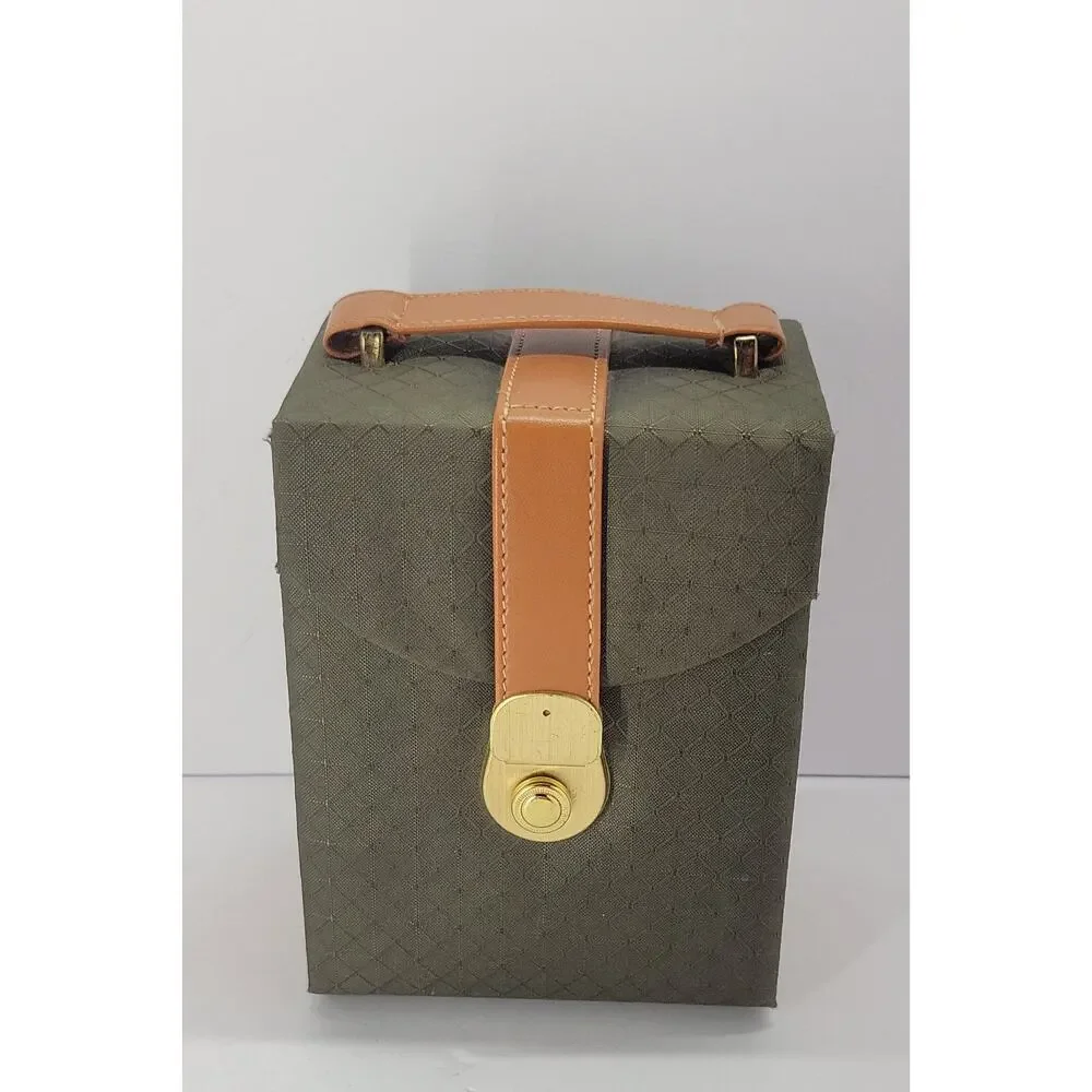 Vintage Travel Jewelry Case Organizer Green & Tan Folding Portable Storage Box